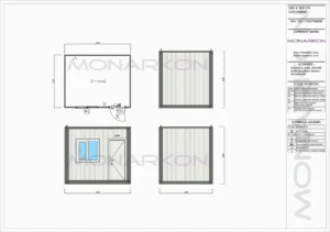 Tehnička skica Security kontejnera ARK 301 – dimenzije 240x300 cm i označeni materijali