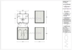 Tlocrt sanitarne kabine ARK 102 – raspored sa dva WC-a i dva umivaonika unutar 2,45 m²