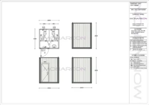 Tlocrt sanitarne kabine ARK 103 – raspored s dva WC-a i jednim umivaonikom unutar 2,45 m²
