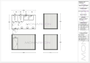 Tlocrt kabine – raspored s 2 WC-a, tušem i 2 umivaonika unutar 7,20 m²
