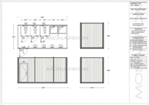 Tlocrt kabine ARK 108 – raspored 3 WC-a, 2 tuša i 4 umivaonika unutar 12 m²