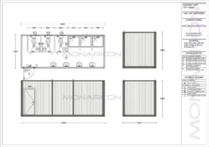 Tlocrt kabine ARK 109 – raspored 3 WC-a, 3 tuša i 4 umivaonika unutar 14,40 m²