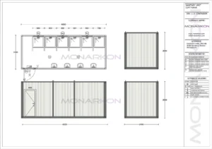Tlocrt kabine – raspored 6 tuševa i 4 umivaonika unutar površine 14,4 m²