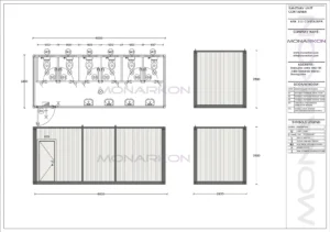 Tlocrt kabine – raspored 6 tuševa i 4 umivaonika unutar površine 14,4 m²
